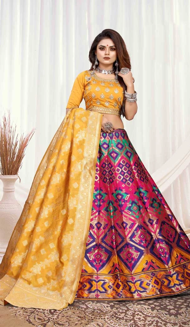 Yellow Pink Color Banarasi Meenakari Traditional Wear Lehenga Choli -45881557736