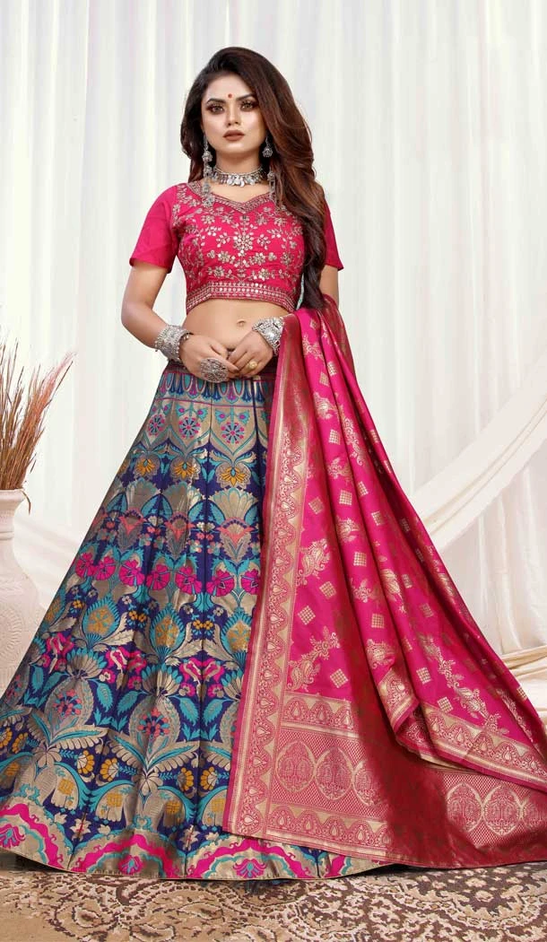 Pink Blue Color Banarasi Meenakari Traditional Wear Lehenga Choli -45881557737
