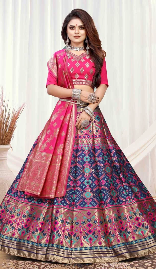Blue Pink Color Banarasi Meenakari Traditional Wear Lehenga Choli -45881557739