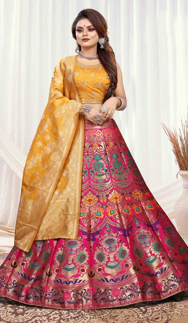 Pink Yellow Color Banarasi Meenakari Traditional Wear Lehenga Choli -45881557740