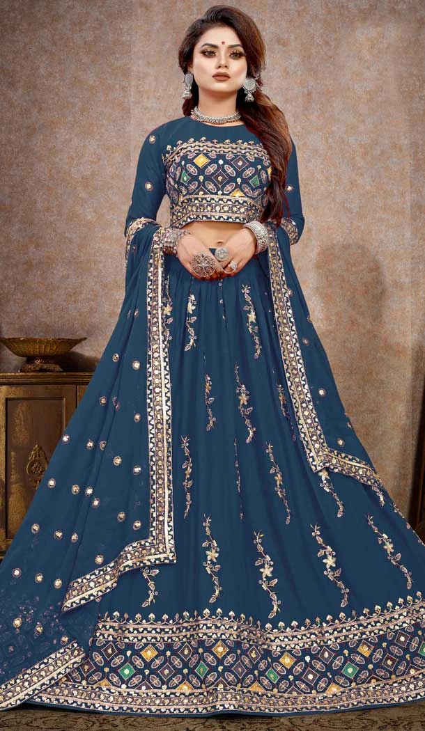 Navy Blue Embroidery Viscose Georgette Designer wear Lehenga Choli -4589155742