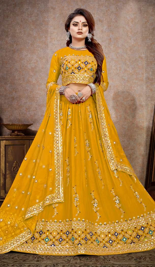Yellow Embroidery Viscose Georgette Designer wear Lehenga Choli -4589155743