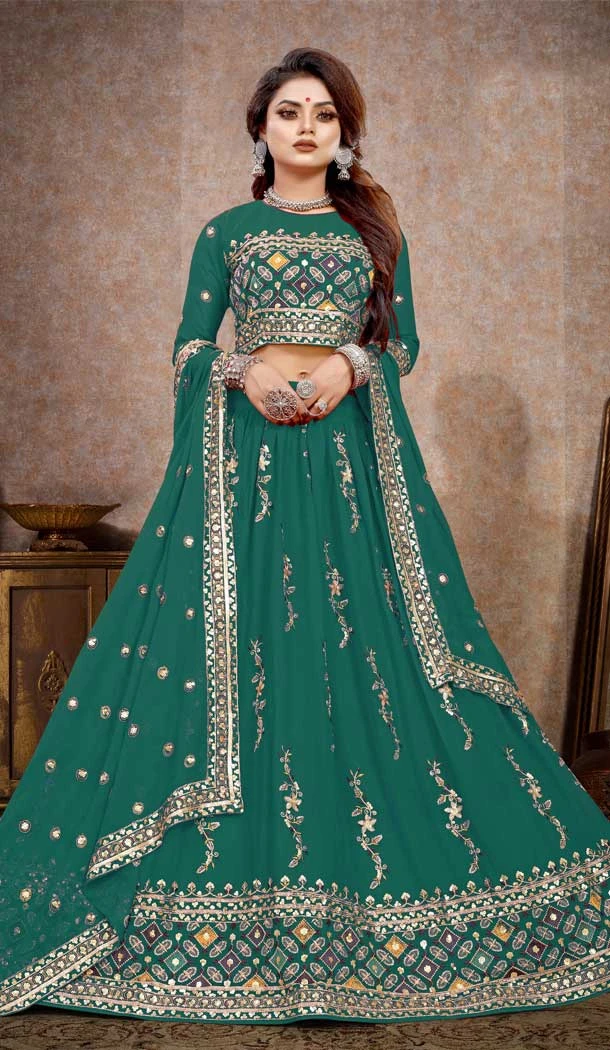 Teal Color Embroidery Viscose Georgette Designer wear Lehenga Choli -4589155744