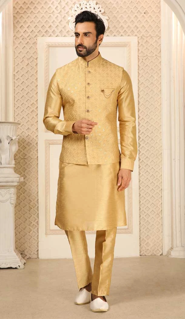 Gold Banarasi Art Silk Work Wedding Wear Men's Kurta Pajama With Jacket -4606155887