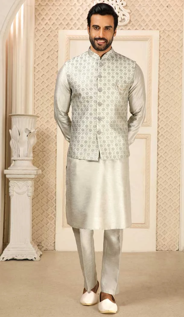 Grey Banarasi Art Silk Work Wedding Wear Men's Kurta Pajama With Jacket -4606155888