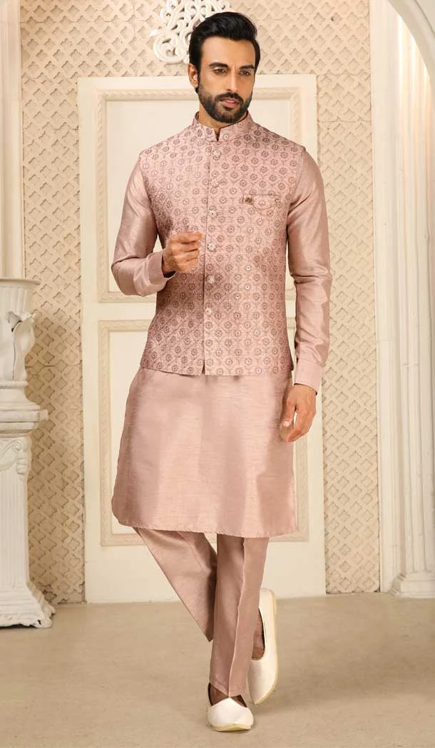 Onion Color Banarasi Art Silk Work Wedding Wear Men's Kurta Pajama With Jacket -4606155889