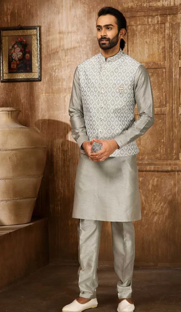Grey Banarasi Art Silk Work Wedding Wear Men's Kurta Pajama With Jacket -4606155891