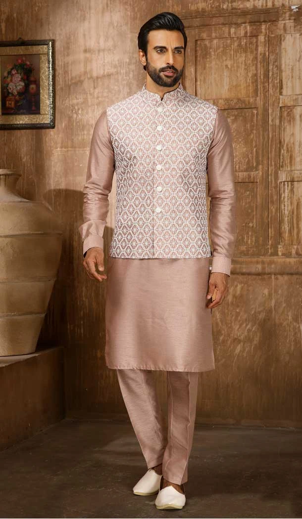 Onion Color Banarasi Art Silk Work Wedding Wear Men's Kurta Pajama With Jacket -4606155892