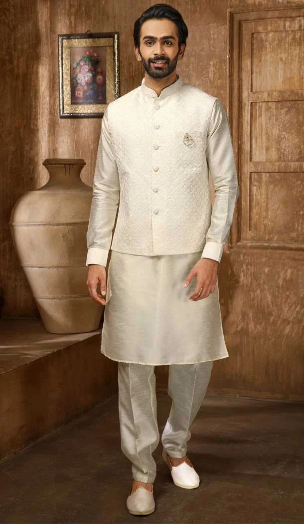 Cream Banarasi Art Silk Work Wedding Wear Men's Kurta Pajama With Jacket -4606155893