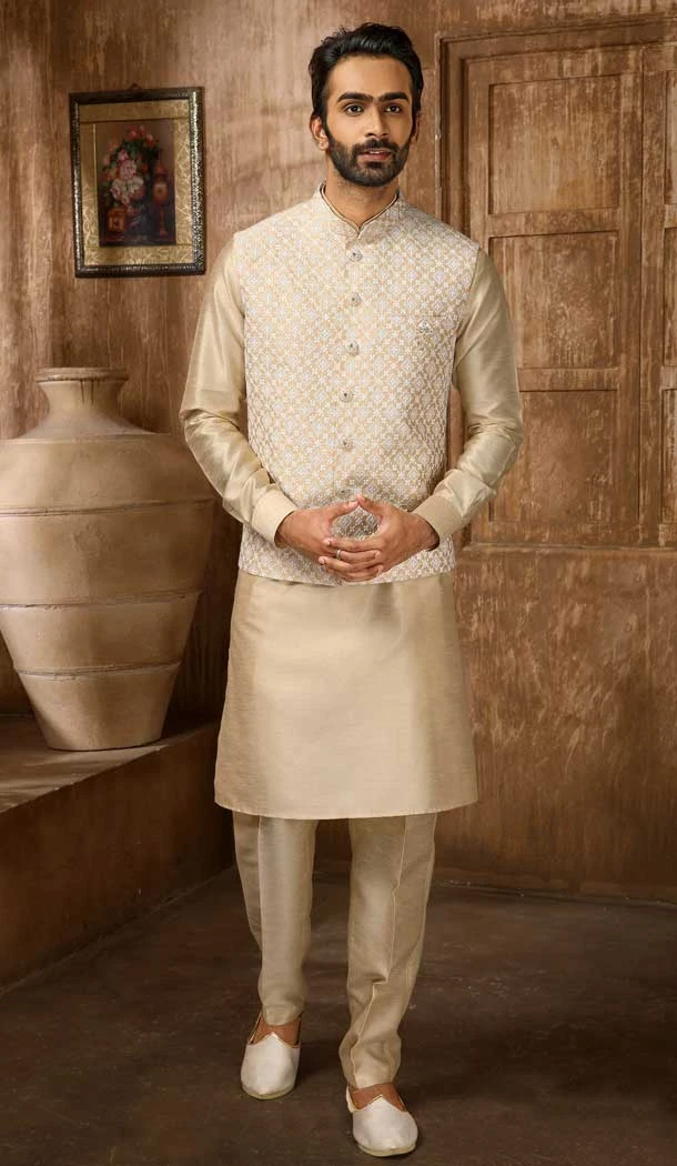 Light Gold Banarasi Art Silk Work Wedding Wear Men's Kurta Pajama With Jacket -4606155894