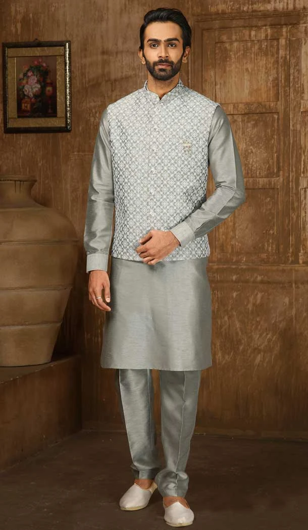 Grey Banarasi Art Silk Work Wedding Wear Men's Kurta Pajama With Jacket -4606155895