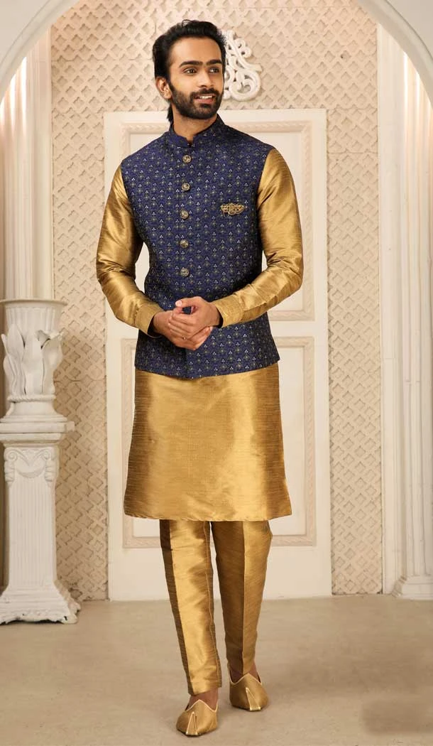 Gold Banarasi Art Silk Work Wedding Wear Men's Kurta Pajama With Jacket -4606155897