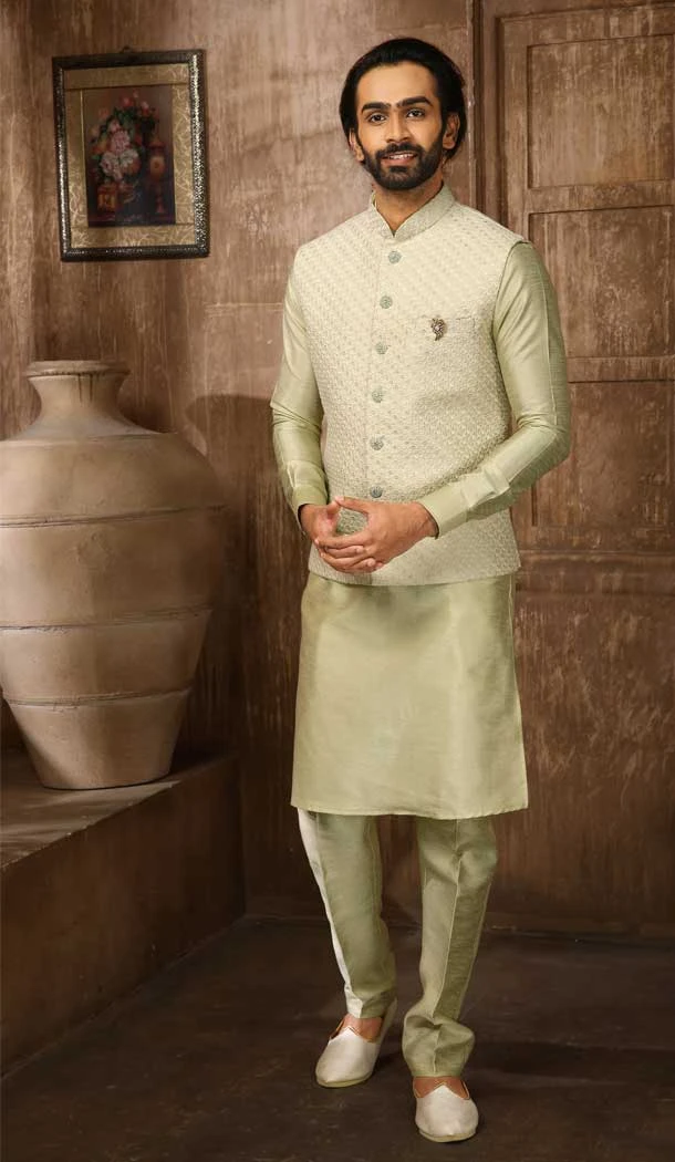 Pista Green Banarasi Art Silk Work Wedding Wear Men's Kurta Pajama With Jacket -4606155899