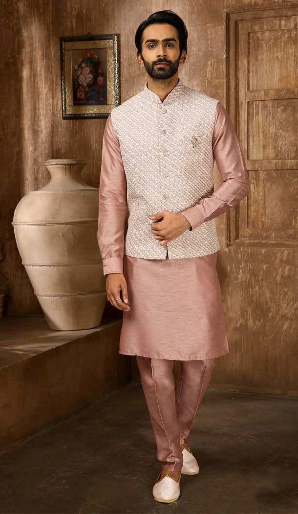 Onion Pink Color Banarasi Art Silk Work Wedding Wear Men's Kurta Pajama With Jacket -4606155900