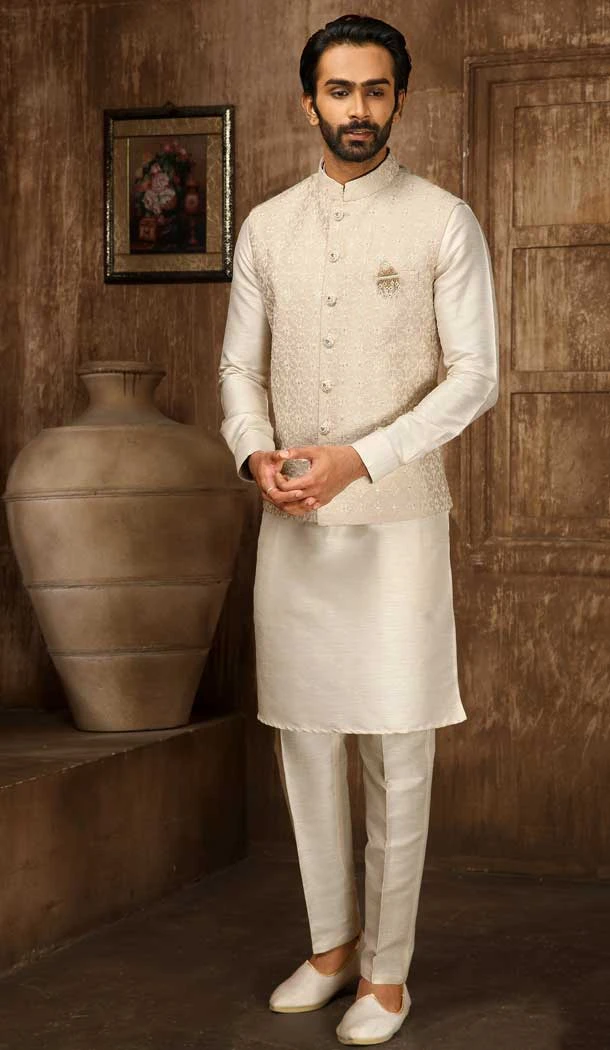 Wedding Wear Cream Color Lucknowi Embroidery Work Men's Kurta Pajama With Jacket -4606155902