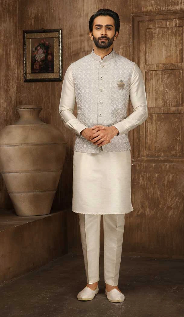 Wedding Wear Cream Color Lucknowi Embroidery Work Men's Kurta Pajama With Jacket -4606155904