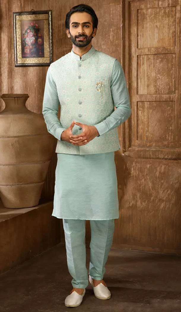 Firozi Color Banarasi Art Silk Work Wedding Wear Men's Kurta Pajama With Jacket -4606155905