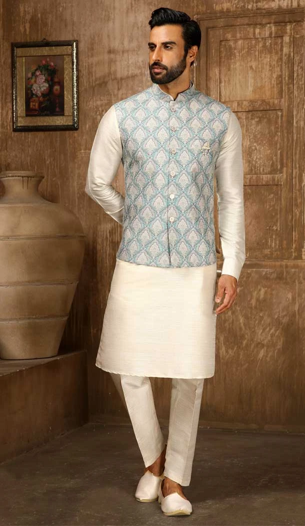 Digital Printed Thread Work Green Cream Color Men's Wedding Wear Kurta Pajama With Jacket -4606155908