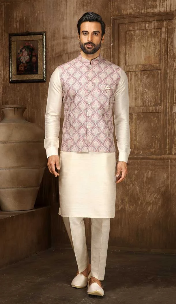 Digital Printed Thread Work Onion Cream Color Men's Wedding Wear Kurta Pajama With Jacket -4606155909