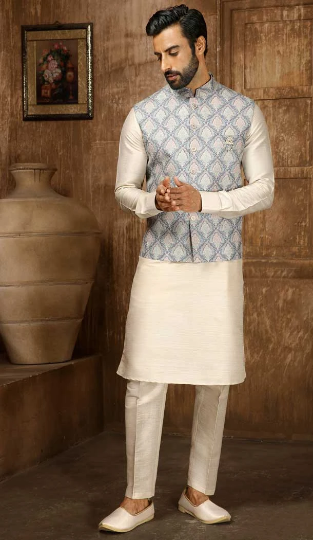 Digital Printed Thread Work Blue Cream Color Men's Wedding Wear Kurta Pajama With Jacket -4606155910