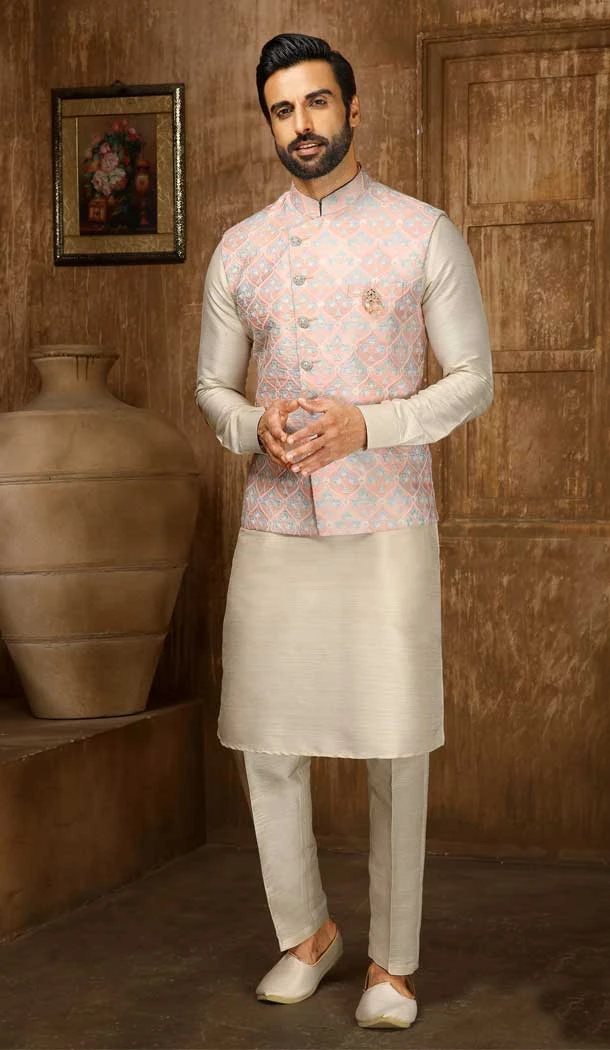 Digital Printed Thread Work Pink Cream Color Men's Wedding Wear Kurta Pajama With Jacket -4606155911