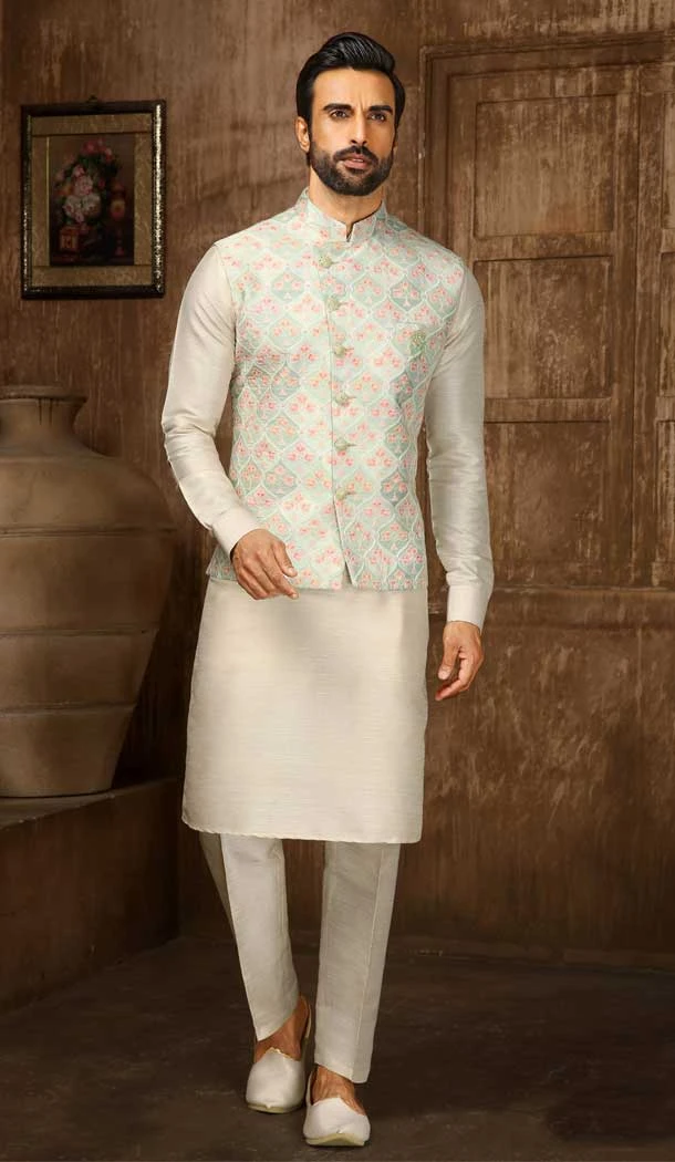 Digital Printed Thread Work Pista Cream Color Men's Wedding Wear Kurta Pajama With Jacket -4606155912
