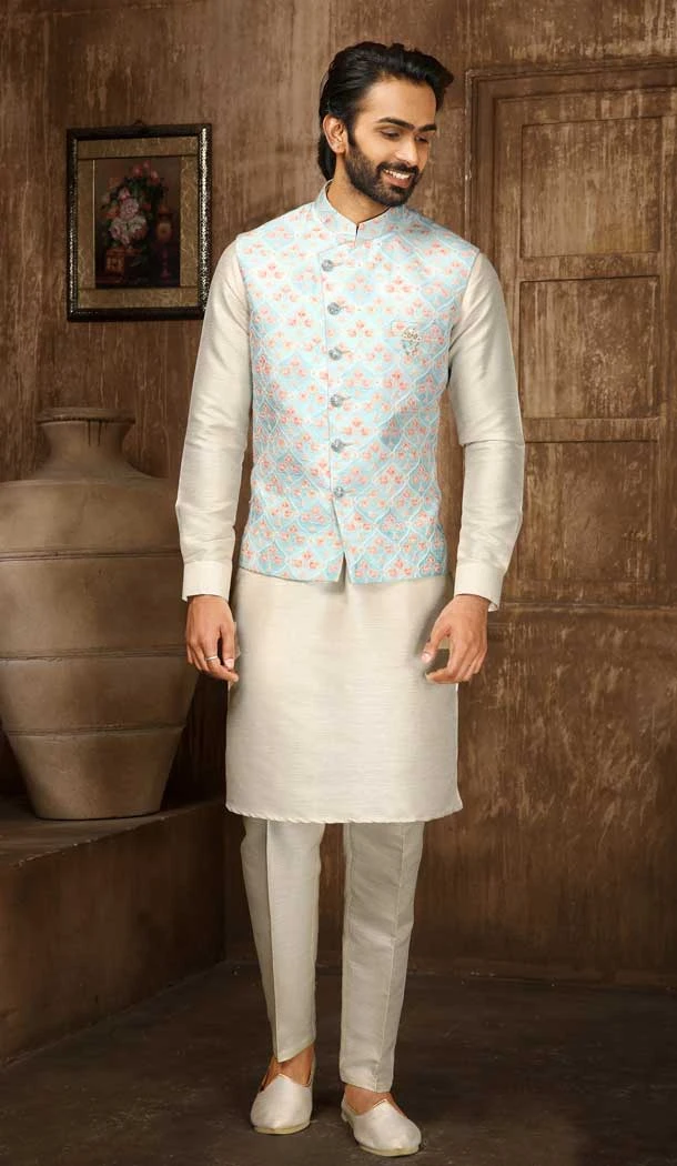 Digital Printed Thread Work Sky Blue Cream Color Men's Wedding Wear Kurta Pajama With Jacket -4606155913
