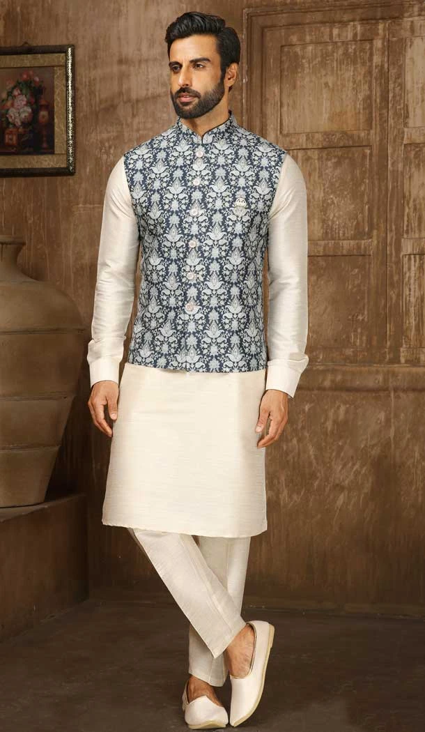 Digital Printed Thread Work Blue Cream Color Men's Wedding Wear Kurta Pajama With Jacket -4606155914