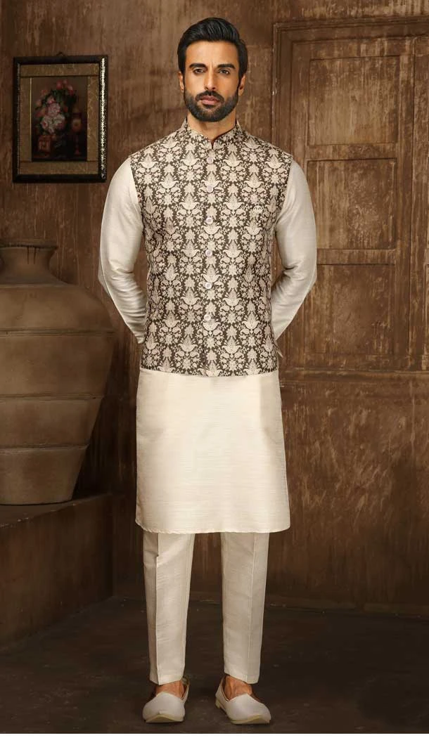 Digital Printed Thread Work Mehendi Cream Color Men's Wedding Wear Kurta Pajama With Jacket -4606155915