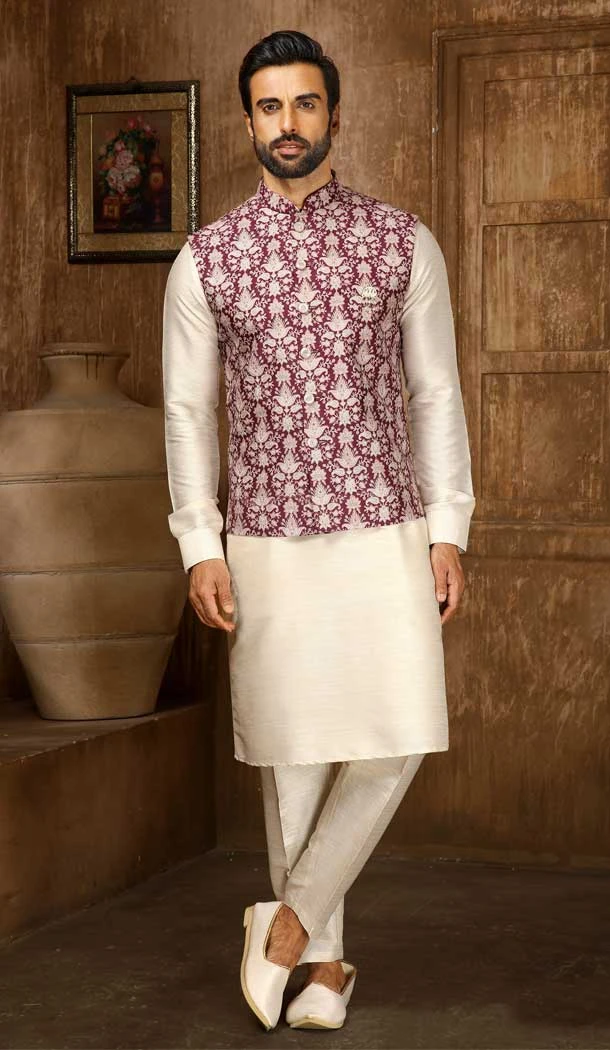Digital Printed Thread Work Dark Onion Cream Men's Wedding Wear Kurta Pajama With Jacket -4606155916