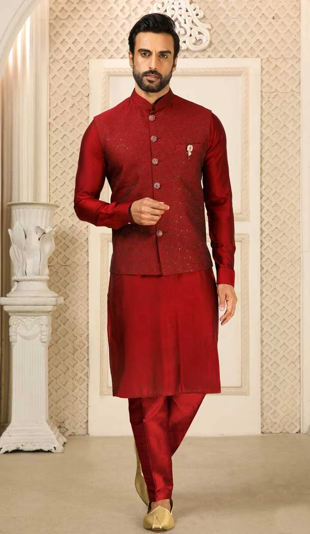 Banarasi Art Silk Work Maroon Color Men's Kurta Pajama With Jacket -4606155918