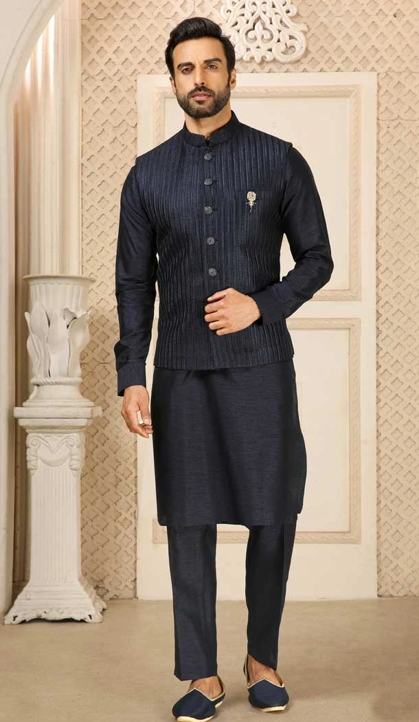 Banarasi Art Silk Work Navy Blue Color Men's Kurta Pajama With Jacket -4606155926