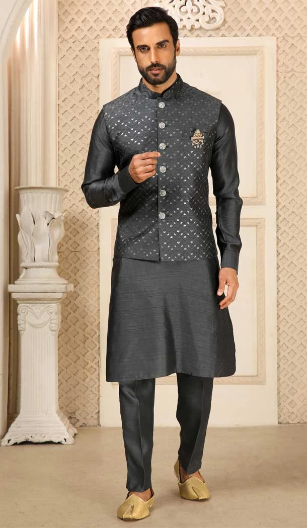 Dark Grey Color Banarasi Art Silk Men's Function Wear Kurta Pajama With Jacket -4607155930