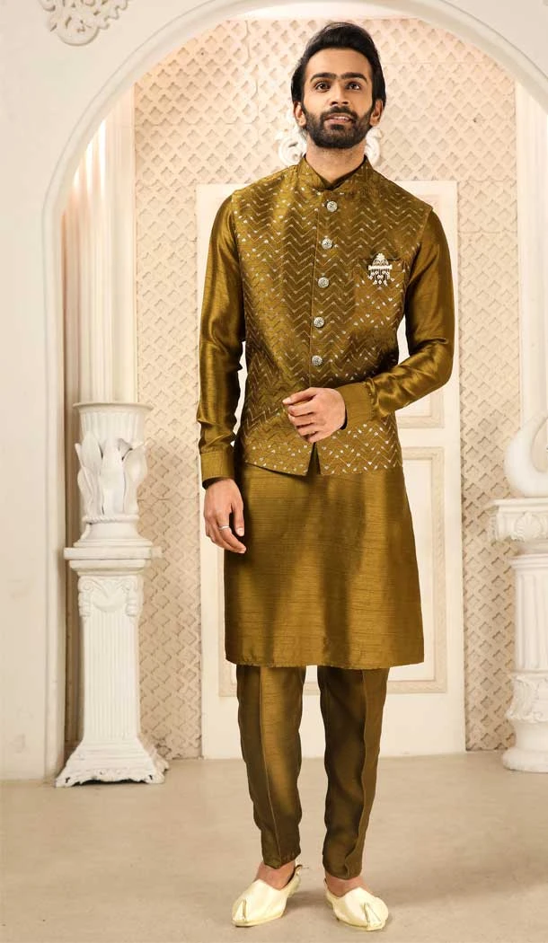 Mustard Color Banarasi Art Silk Men's Function Wear Kurta Pajama With Jacket -4607155931