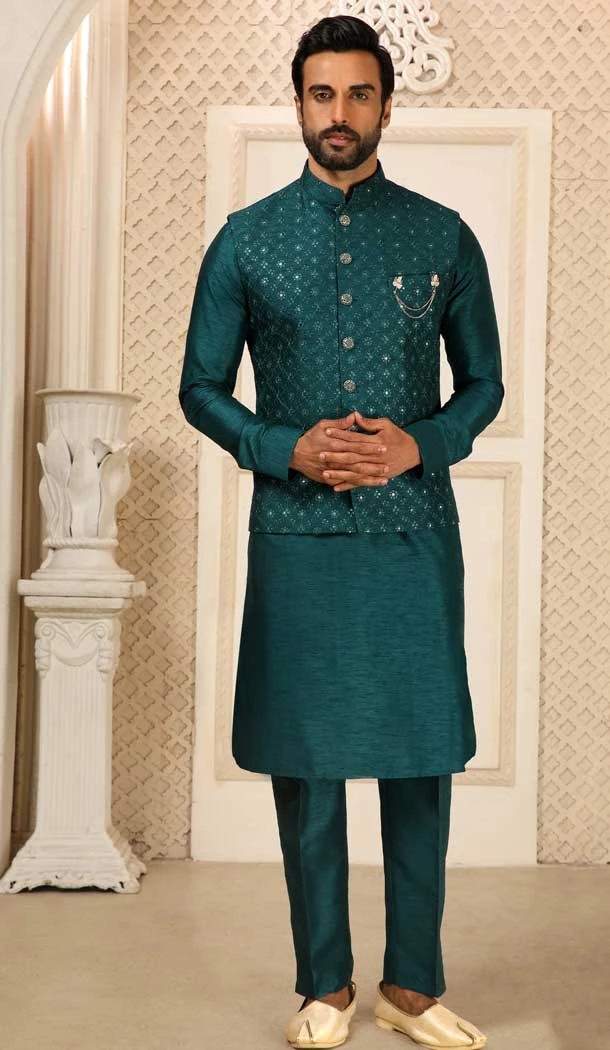 Rama Green Color Banarasi Art Silk Men's Function Wear Kurta Pajama With Jacket - 4607155933