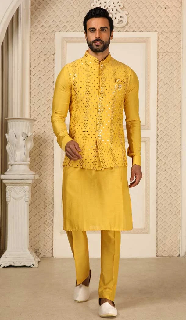 Function Wear Haldi Color Mirror Work Art Silk Men's Kurta Pajama With Jacket -4607155936