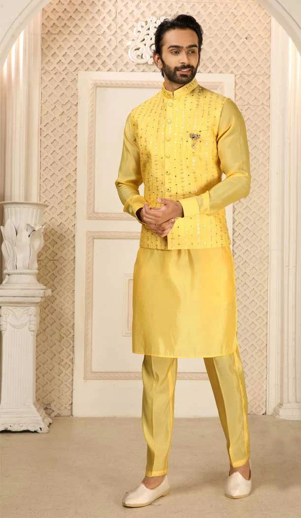 Function Wear Haldi Color Mirror Work Art Silk Men's Kurta Pajama With Jacket -4607155938