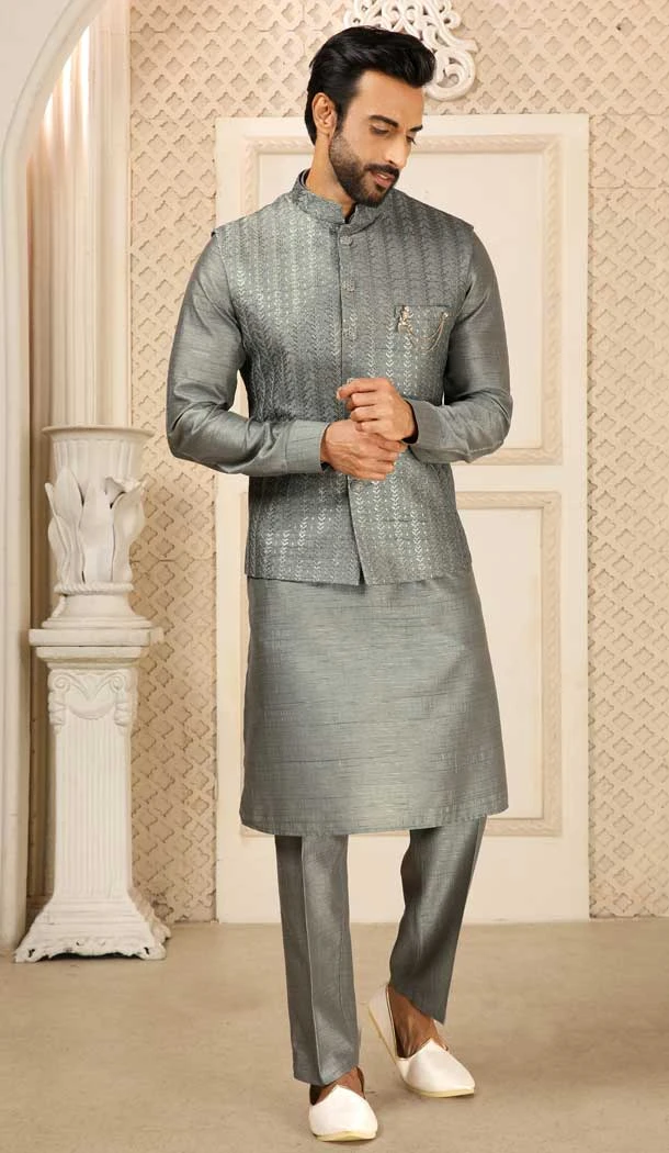 Art Banarasi Silk Embroidery Work Men's Kurta Pajama With Jacket In Charcoal Grey Color -4607155941