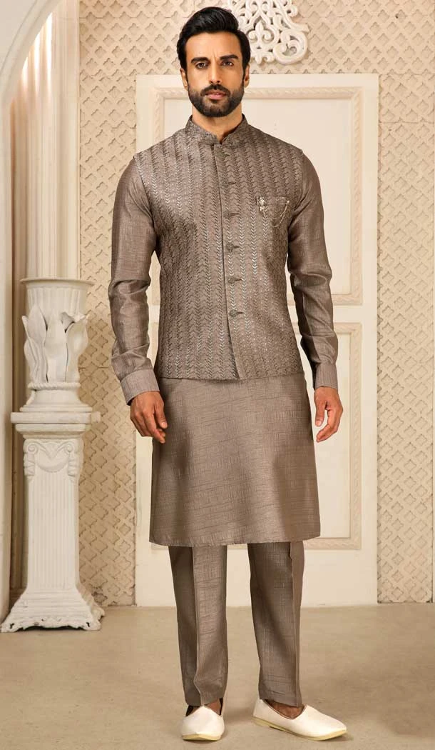 Art Banarasi Silk Embroidery Work Men's Kurta Pajama With Jacket In Spice Color -4607155942