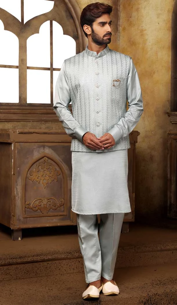 Art Banarasi Silk Embroidery Work Men's Kurta Pajama With Jacket In Sky Blue Color -4607155943