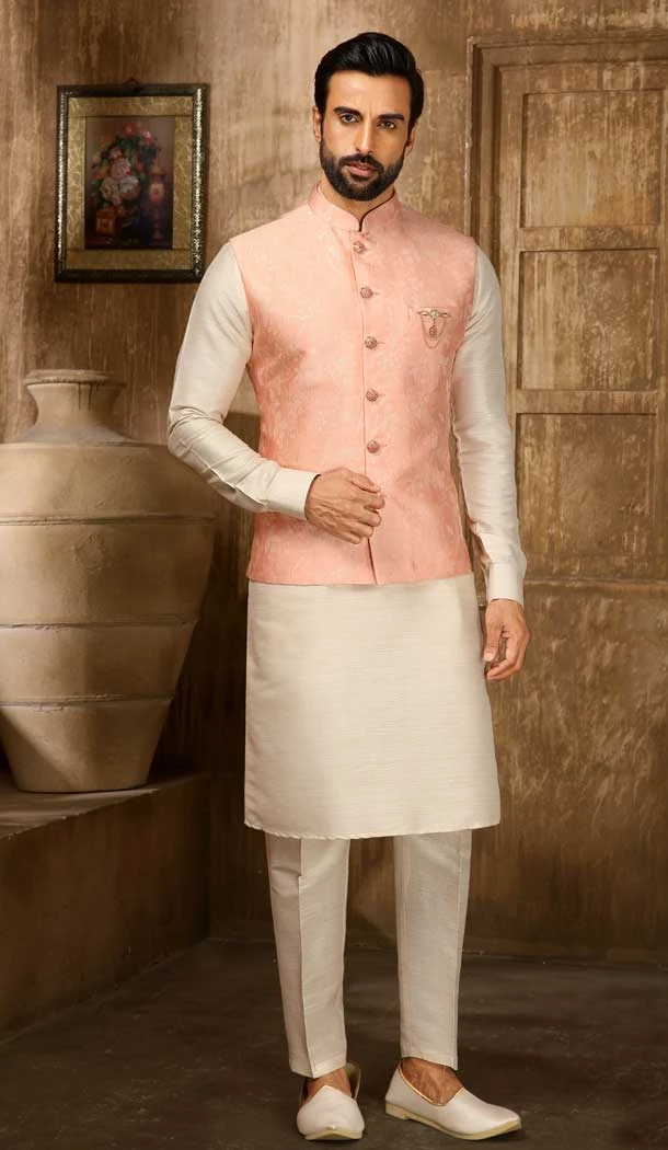Weaving Work Jacquard Peach Cream Color Men's Function Wear Kurta Pajama With Jacket -4607155944