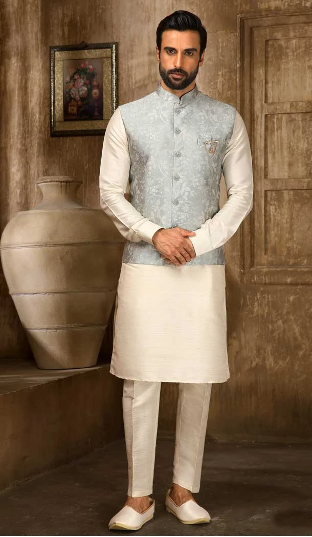 Weaving Work Jacquard Light Grey Cream Men's Function Wear Kurta Pajama With Jacket -4607155945