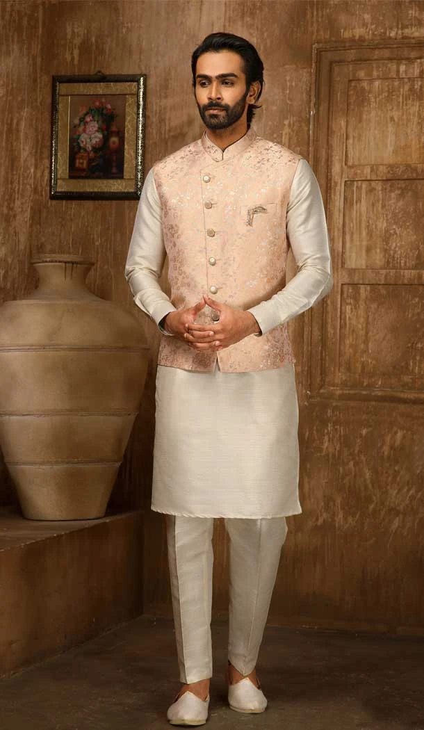 Weaving Work Jacquard Peach Cream Men's Function Wear Kurta Pajama With Jacket -4607155947