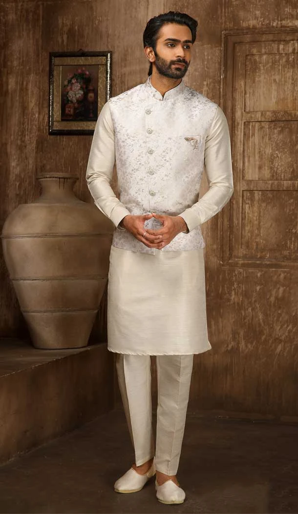 Weaving Work Jacquard White Cream Men's Function Wear Kurta Pajama With Jacket -4607155948