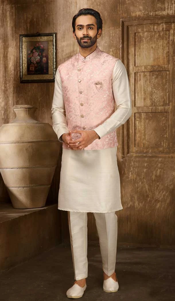 Weaving Work Jacquard Pink Cream Men's Function Wear Kurta Pajama With Jacket -4607155949