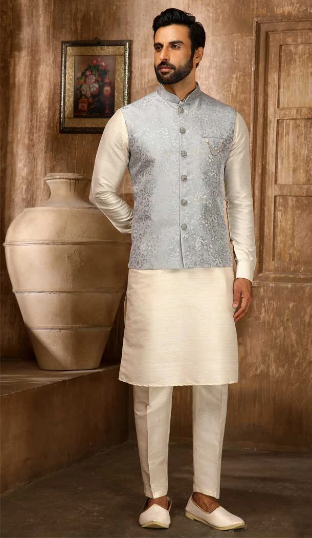 Weaving Work Jacquard Grey Cream Color Men's Function Wear Kurta Pajama With Jacket -4607155951