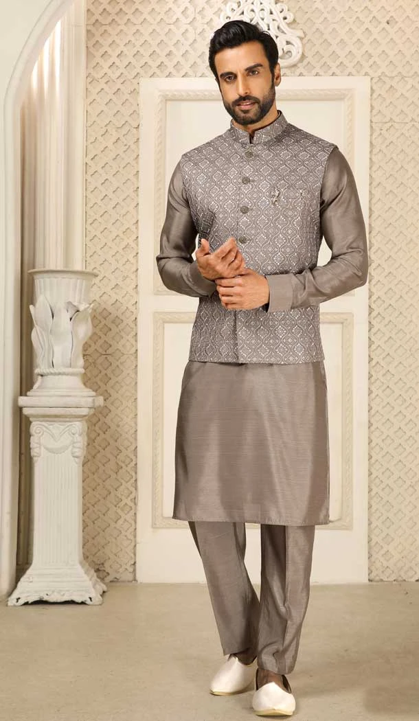 Ash Color Embroidery Work Art Banarasi Silk Men's Wear Kurta Pajama With Jacket -4607155954
