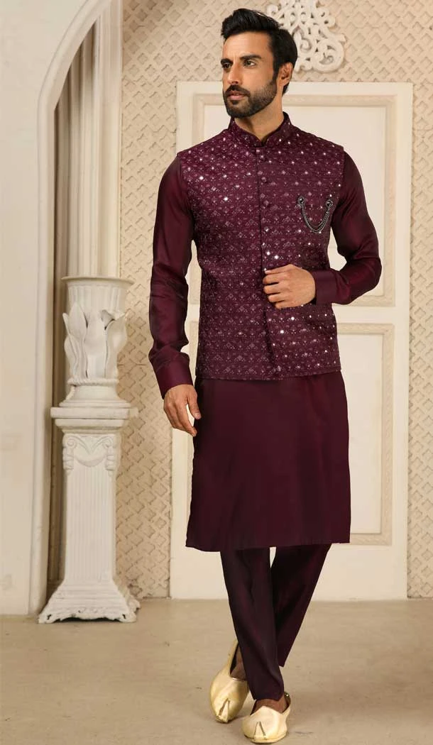 Function Wear Wine Color Mirror Work Art Silk Men's Kurta Pajama With Jacket -4607155960