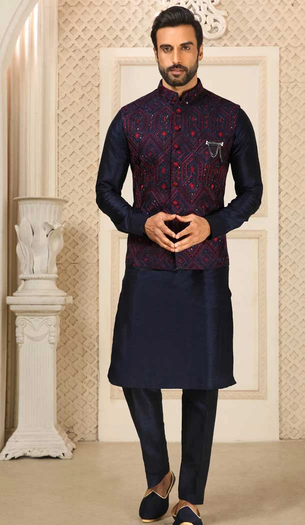 Art Banarasi Silk Embroidery Work Men's Kurta Pajama With Jacket In Navy Blue Color -4607155962