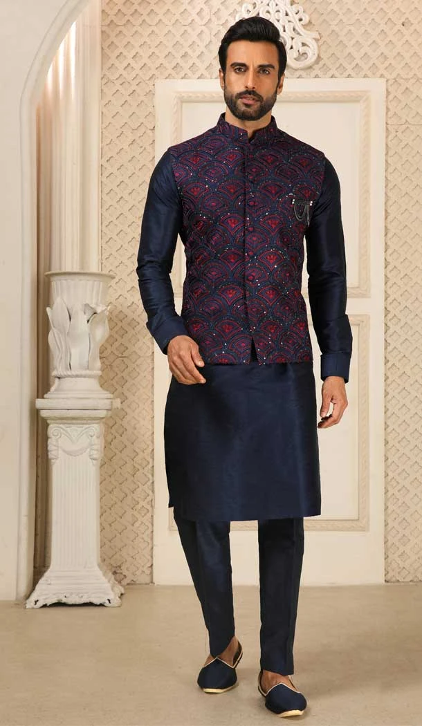Art Banarasi Silk Embroidery Work Men's Kurta Pajama With Jacket In Navy Blue Color -4607155963